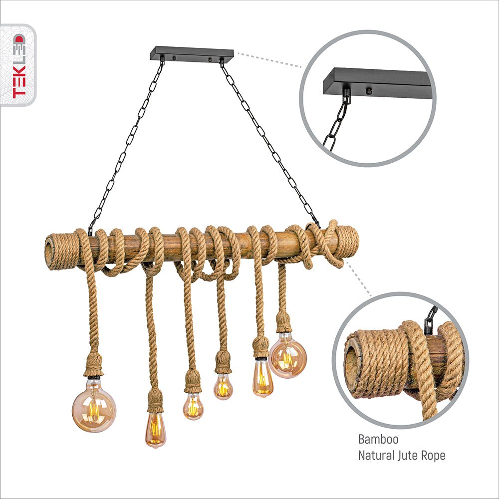 Features of bamboo and hemp rope rod chandelier with 6xe27 fitting