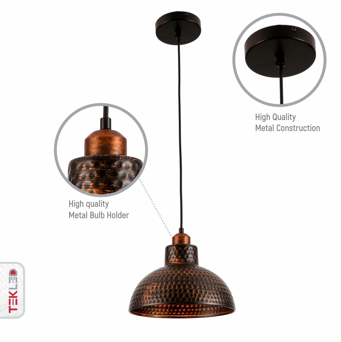 Features of black copper brush effect metal golden hammer dome pendant light e27