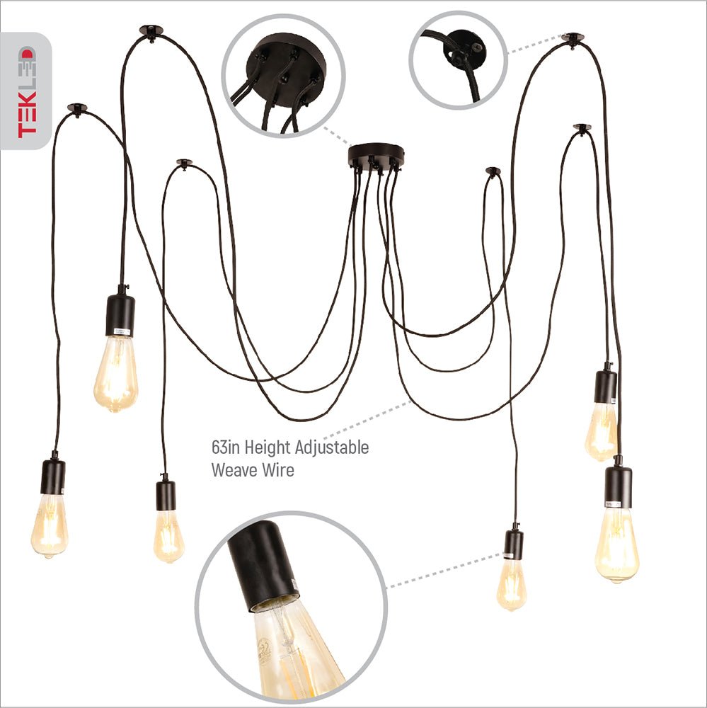 Features of black cord spider chandelier with 6xe27 fitting