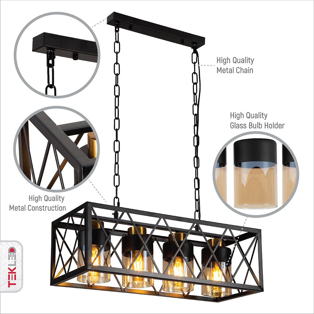 Features of black cuboid metal amber cylinder glass island chandelier with 4xe27 fitting