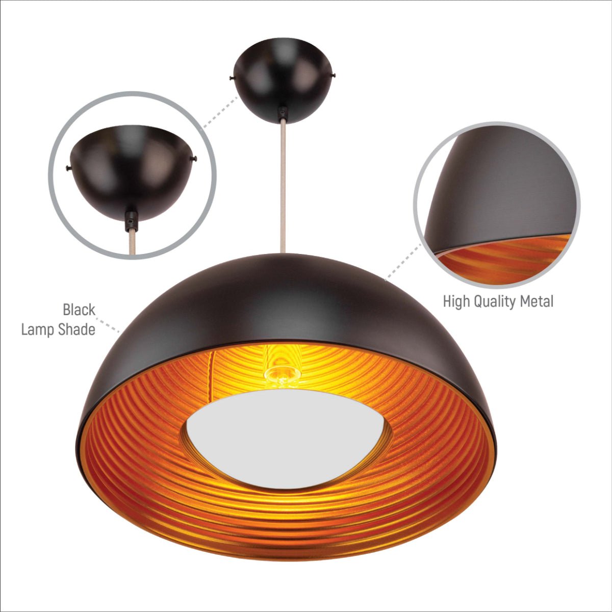 Close up shots of Black-Golden Metal Dome Pendant Ceiling Light with E27 | TEKLED 150-15003