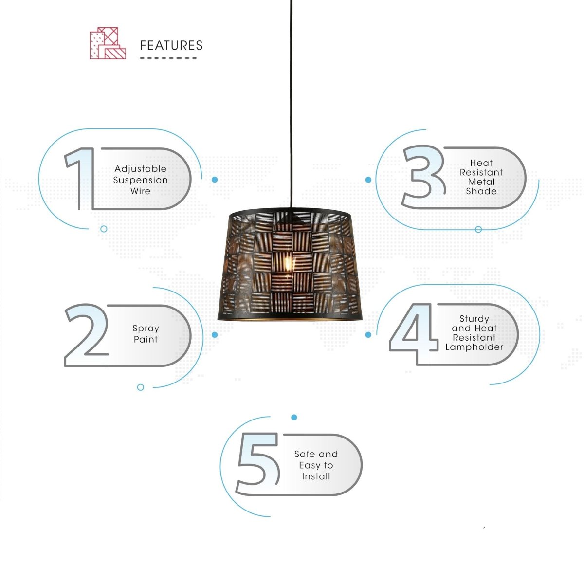 Features of black-golden metal frustum pendant light square pattern with e27 fitting
