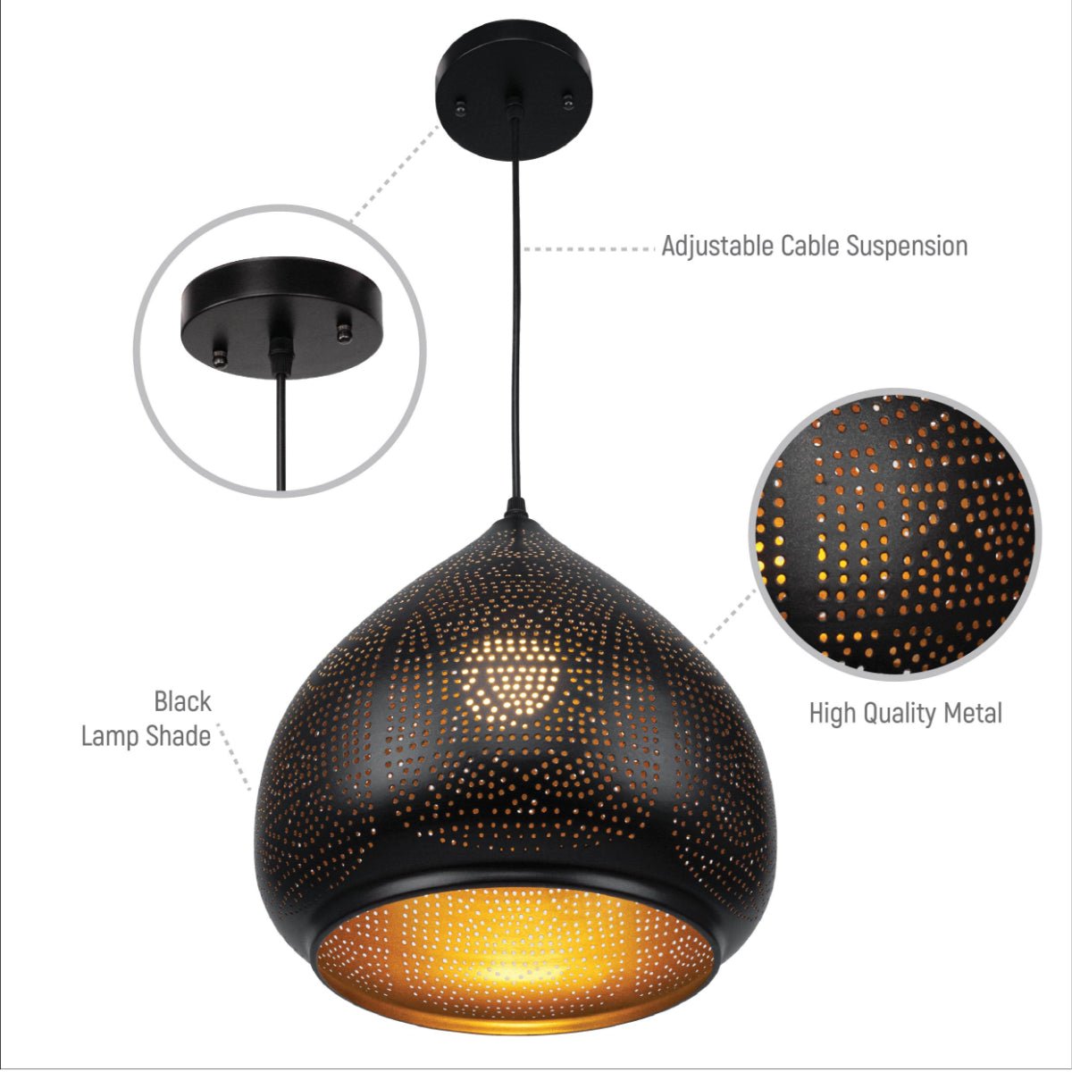 Close up shots of Black-Golden Metal India Dome Pendant Ceiling Light with E27 | TEKLED 150-17958