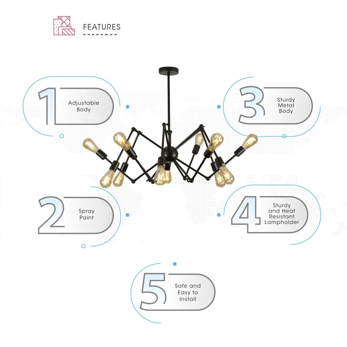 Features of black hinged rod metal spider chandelier with 12xe27 fitting