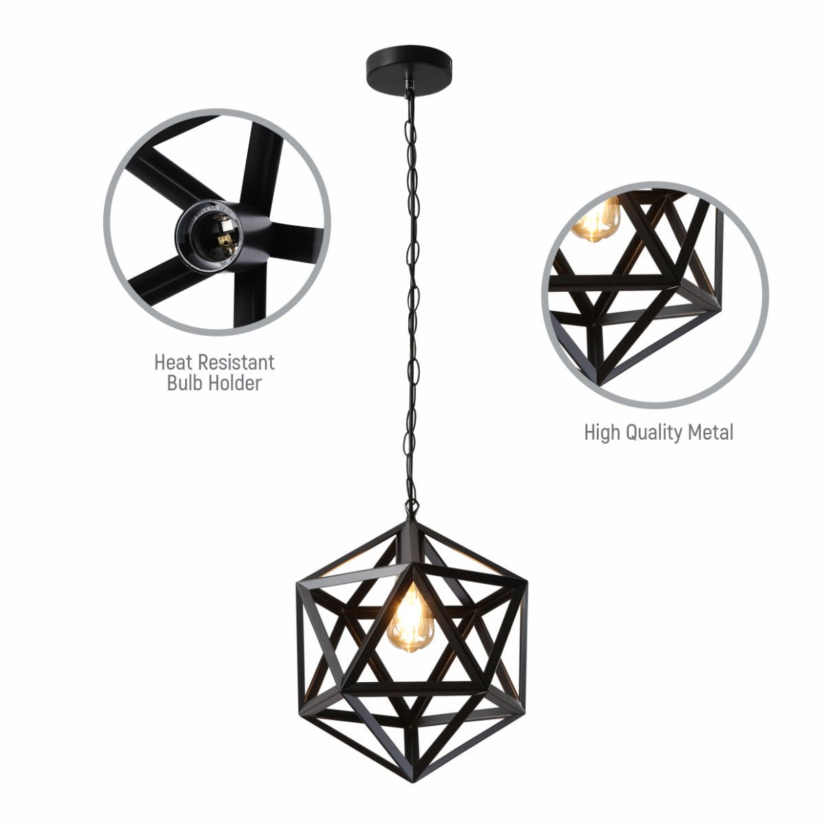 Close up shots of Black Metal Cage Polyhedral Pendant Ceiling Light with E27 | TEKLED 150-17834