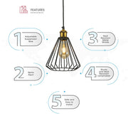 Features of black metal caged funnel pendant light with e27 fitting