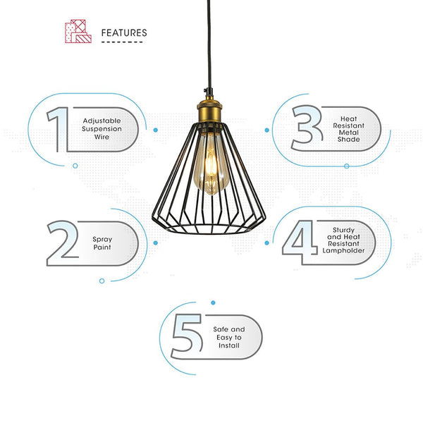 Features of black metal caged funnel pendant light with e27 fitting