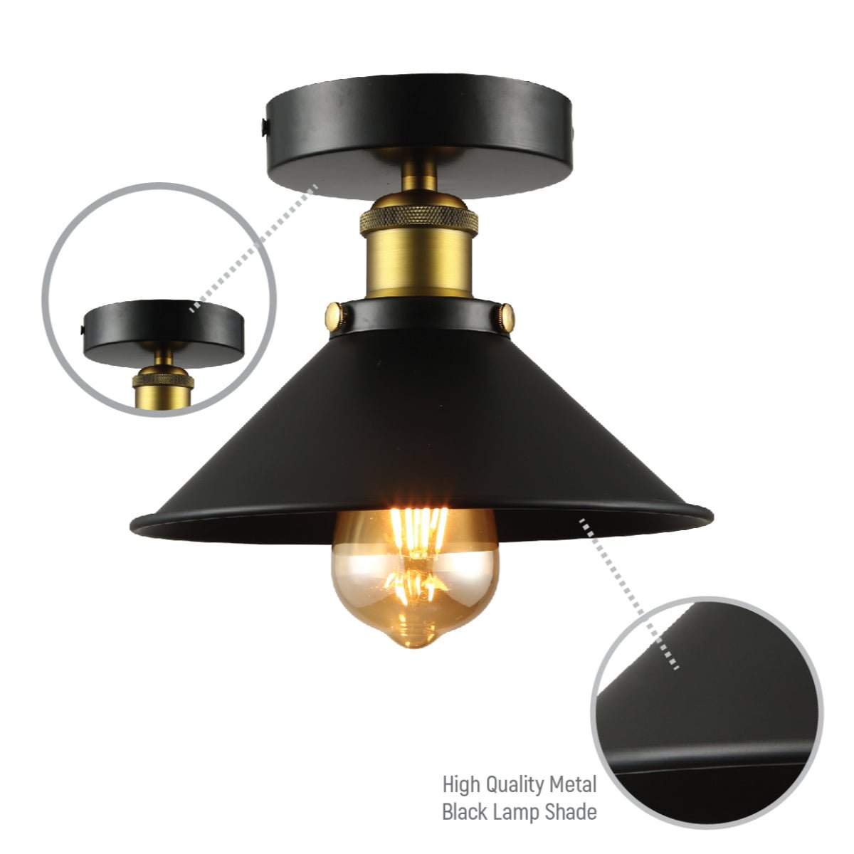 Close up shots of Black Metal Funnel Ceiling Light with E27 | TEKLED 150-17860