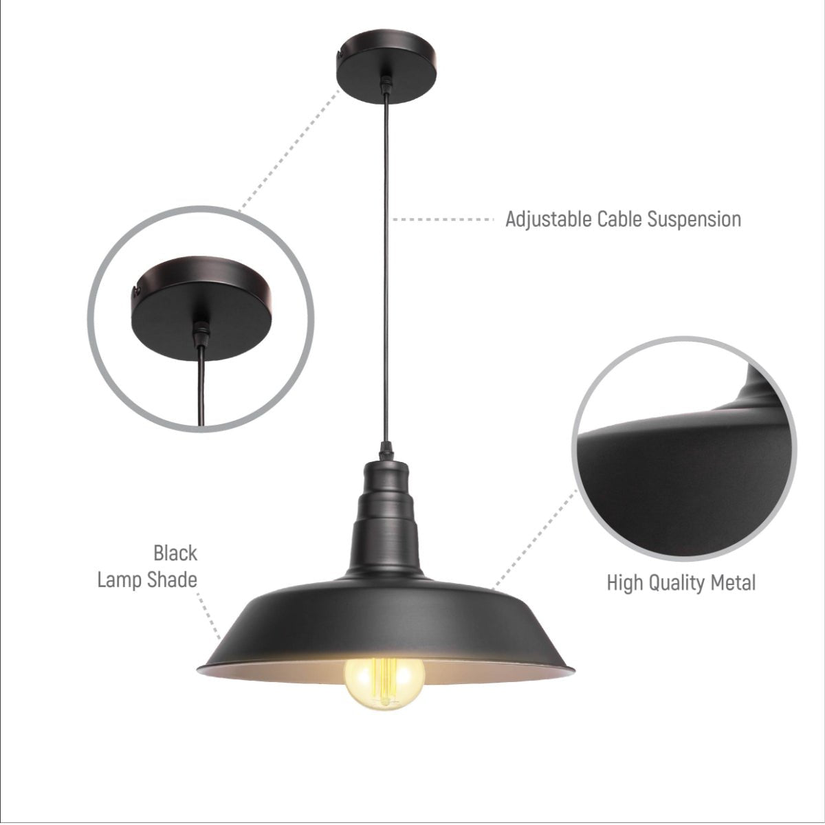 Close up shots of Black-White Metal Step Pendant Ceiling Light with E27 | TEKLED 150-15040