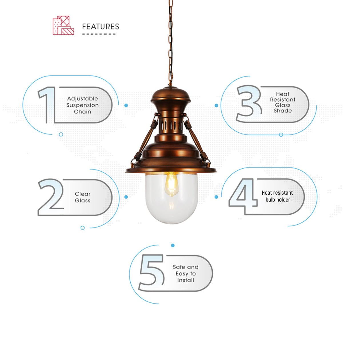 Close up shots of Brown Metal Clear Glass Step Pendant Ceiling Light with E27 | TEKLED 150-17824