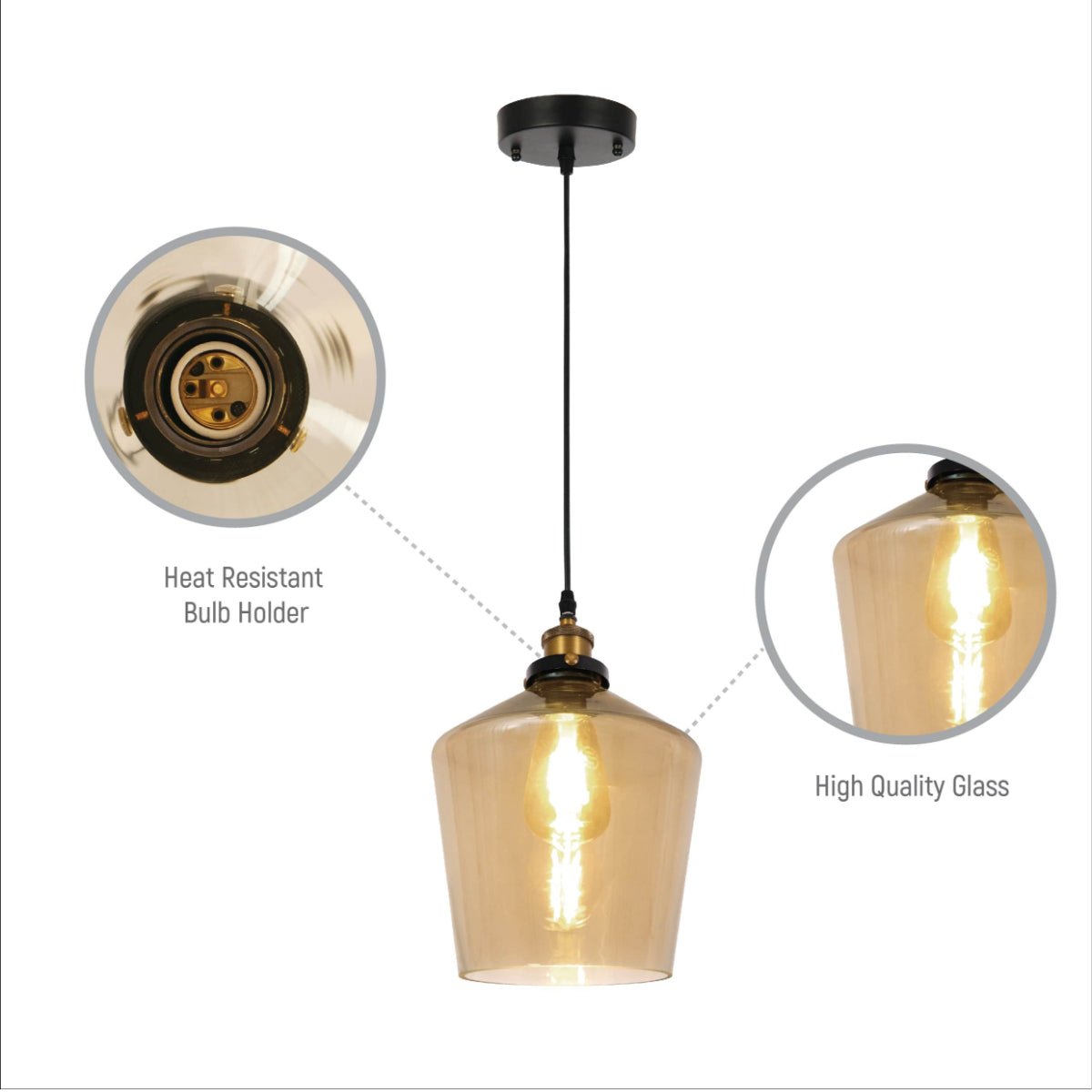 Close up shots of Amber Glass Schoolhouse Pendant Ceiling Light with E27 | TEKLED 150-17826