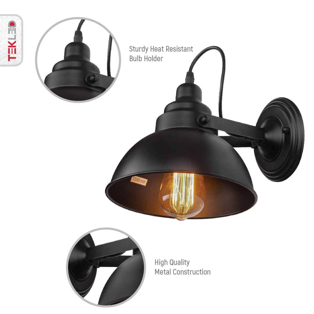 Detailed images of Black Metal Hinged Dome Wall Light with E27 Fitting