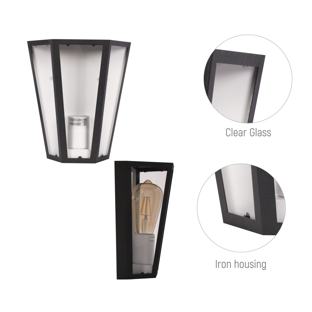 Design closeup image of Modern Lantern Trapezium Cuboid Wall Lamp Upward Base Matt Black&White Clear Glass E27