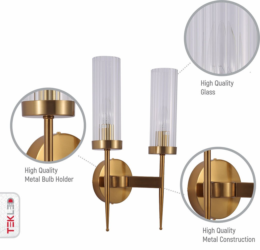 Features of Gold Aluminium Bronze Cylinder Clear Glass Wall Light with 2xE14 Fitting