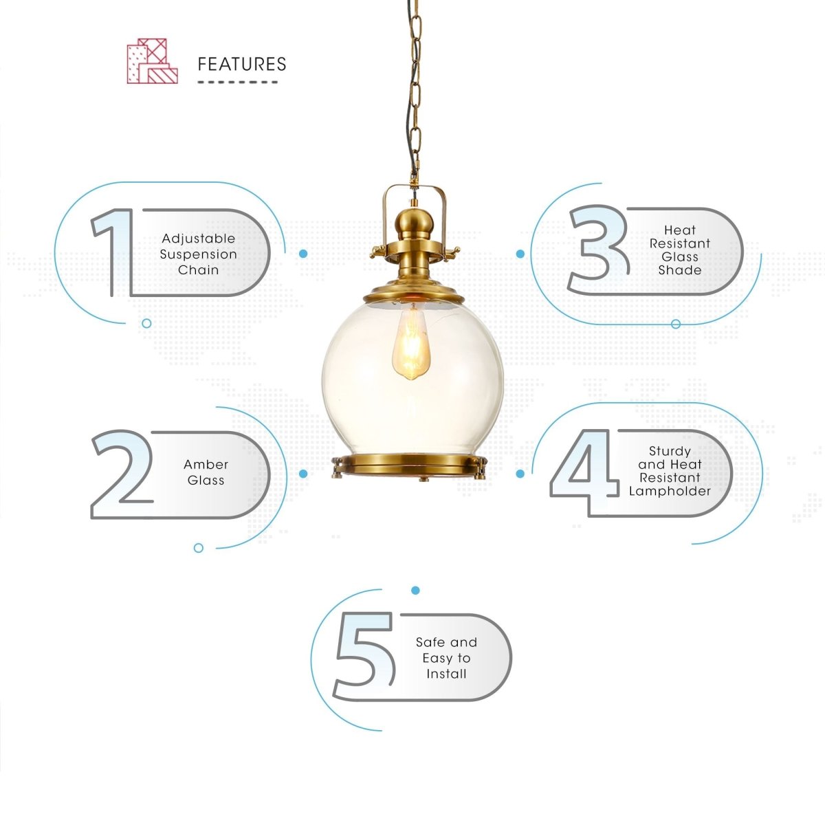 Features of golden bronze metal amber glass globe pendant light sealed with e27 fitting