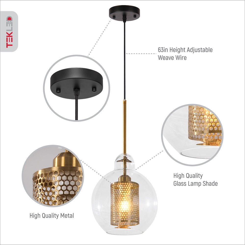 Features of golden metal clear glass globe pendant light with e27 fitting