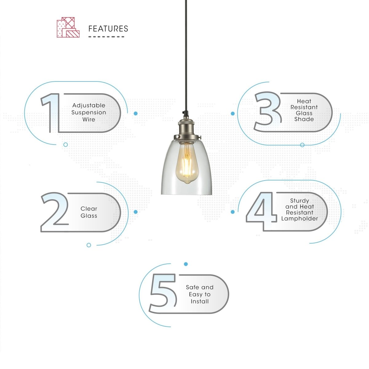 Features of silver metal clear glass cone pendant light with e27 fitting