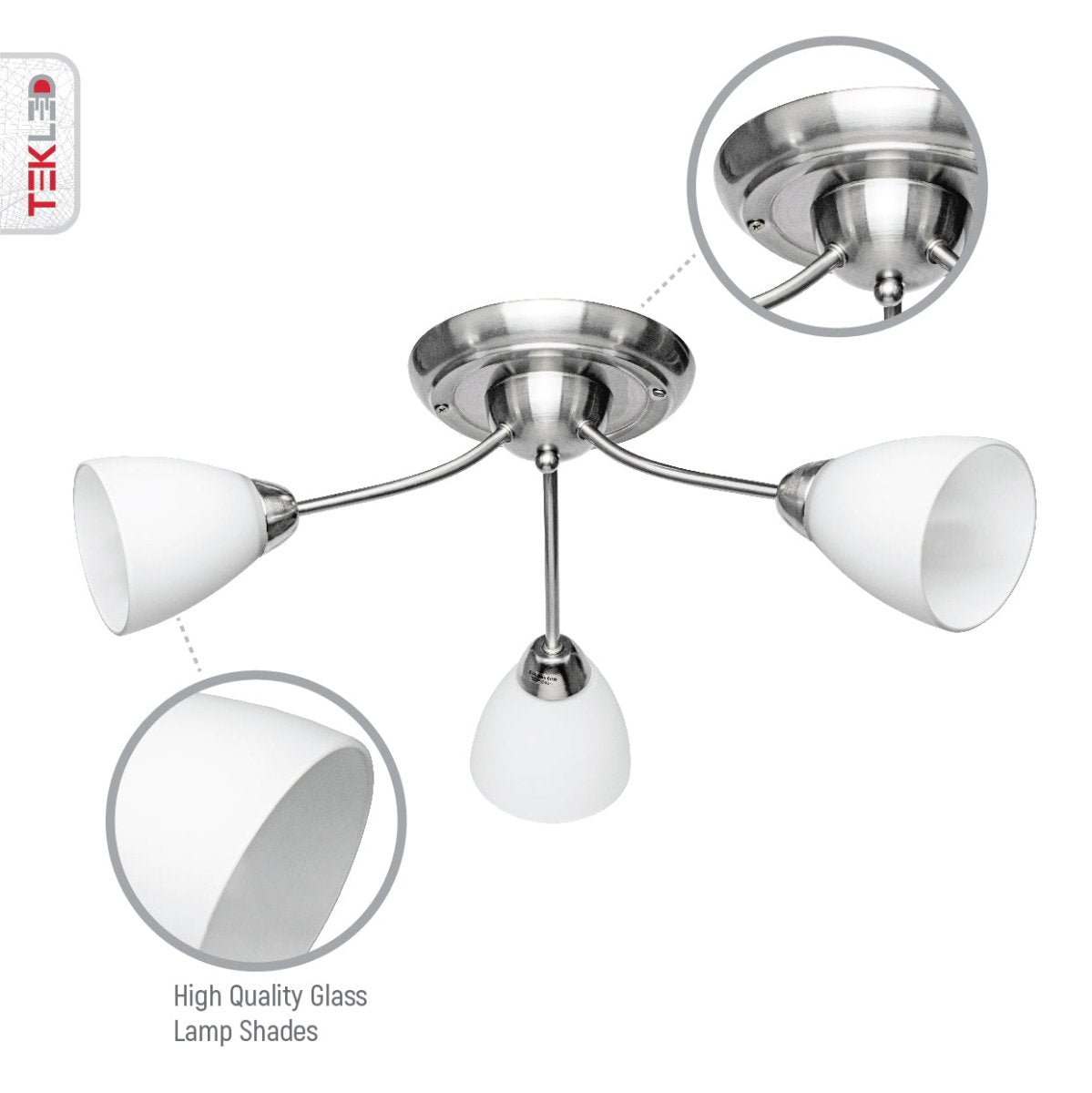 Features of white glass chrome semi-flush ceiling light with 3xE27 fitting