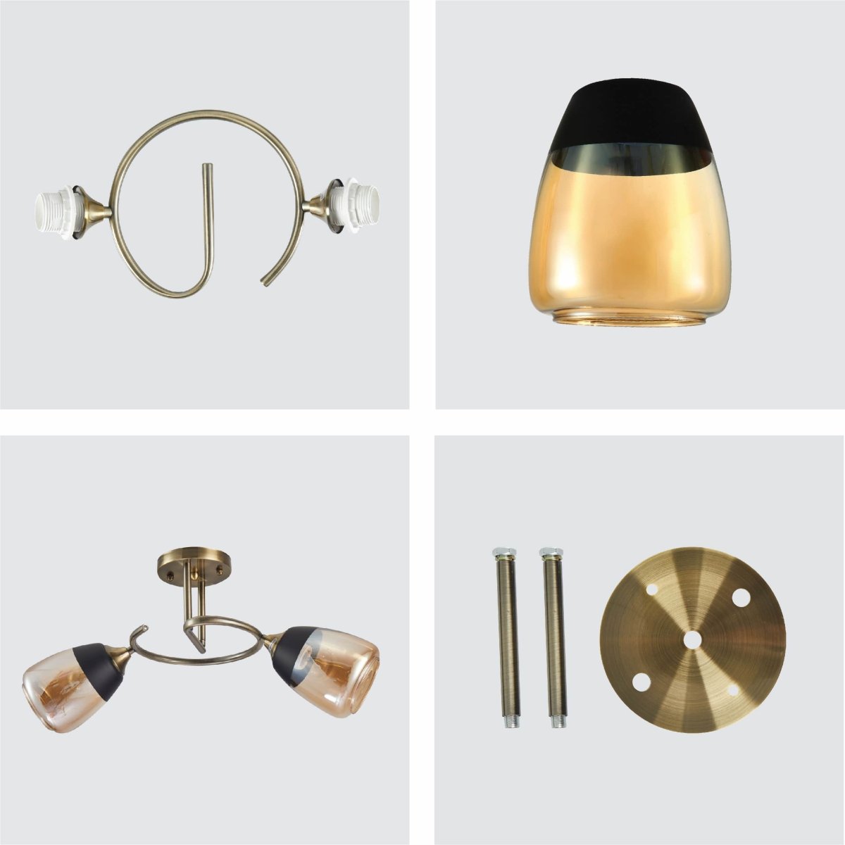 Details of Amber Black Bell Glass Antique Brass Metal Spiral Semi Flush Ceiling Light | TEKLED 159-17156