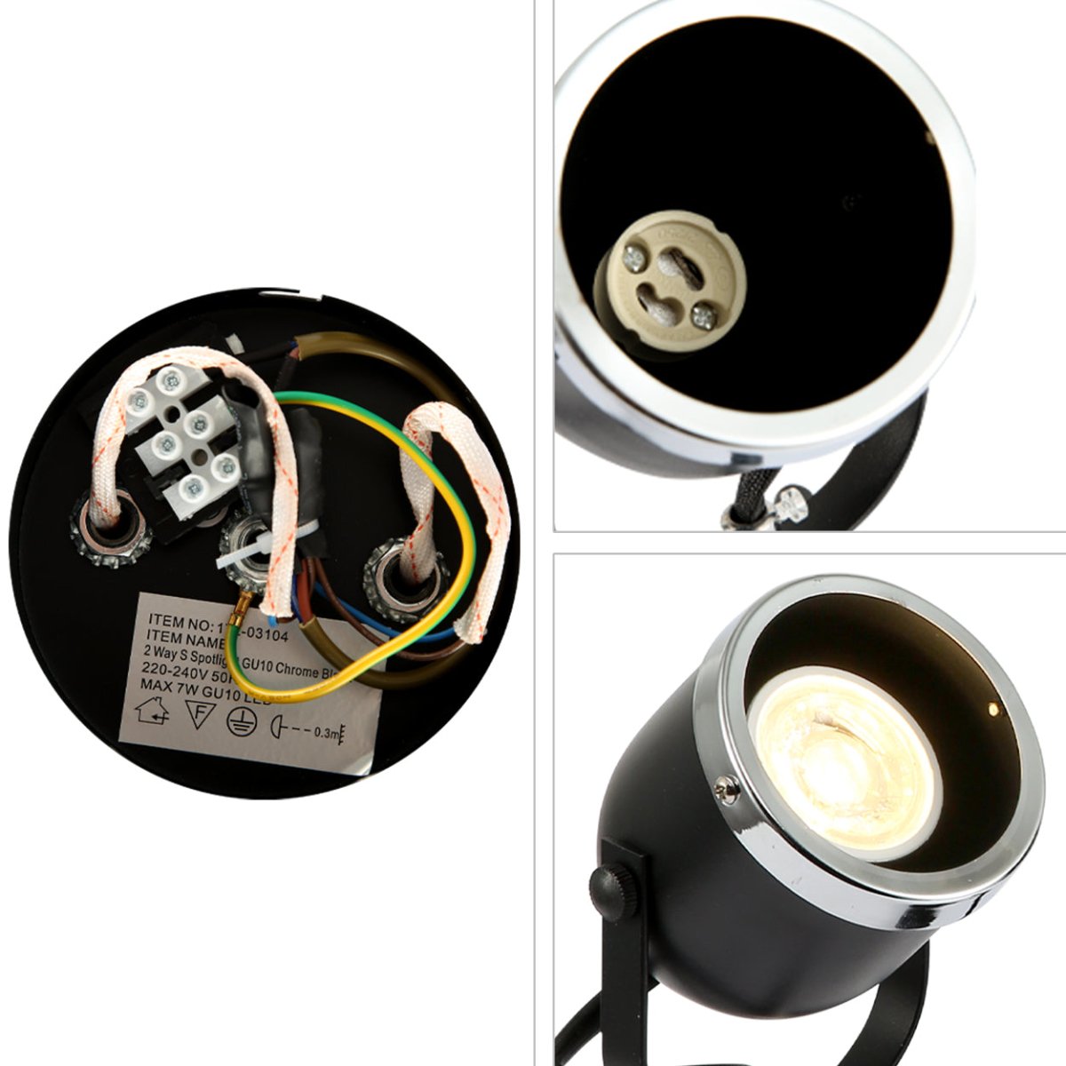 Detailed shots of 2-way Spotlight Black and Chrome S shape with GU10 Fitting | TEKLED 172-03104