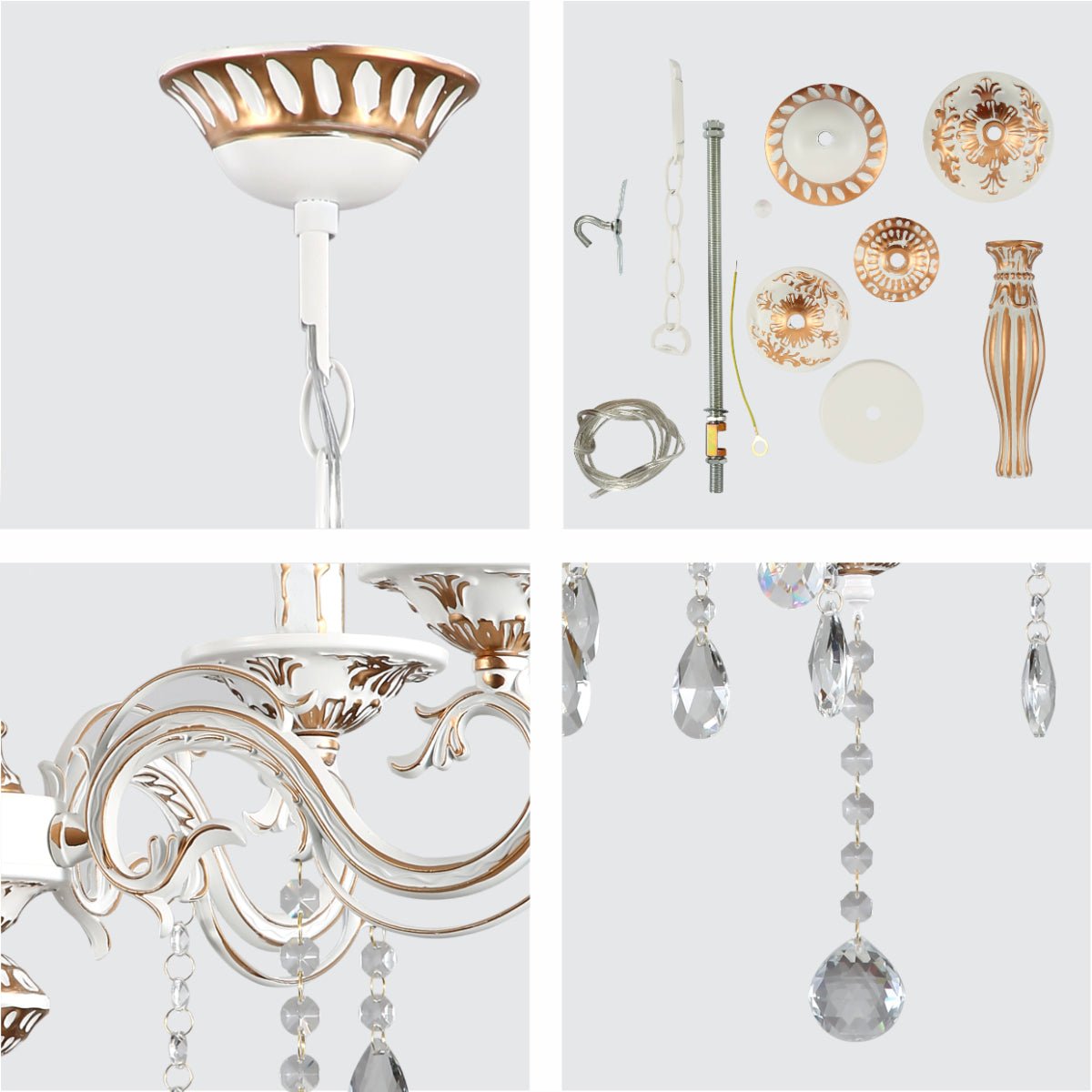 Detailed shots of 5 Arm Chandelier Light Ceiling Light Traditional French Vintage Retro Candle Metal and Crystal Gold Aged Cream 5xE14 | TEKLED 159-17830