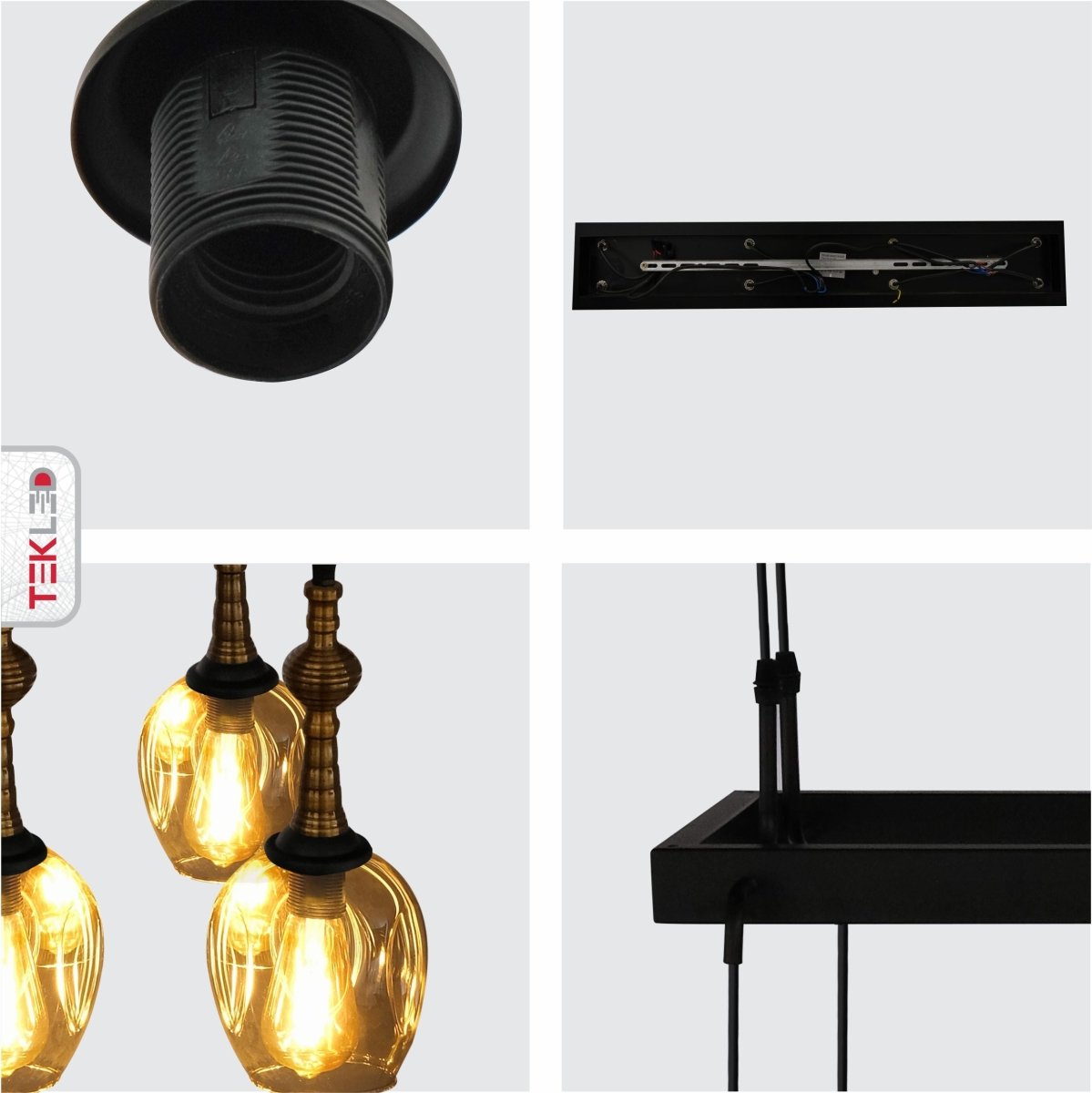 Detailed shots of Amber Cone Glass Black Metal Island Chandelier with 8xE27 Fitting | TEKLED 158-19582