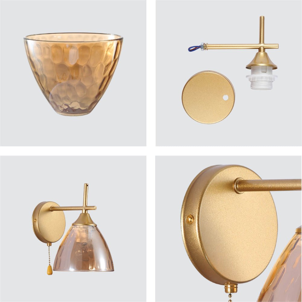 Detailed shots of Amber Cone Glass Gold Wall Light E27 Pull Down Switch | TEKLED 151-19772