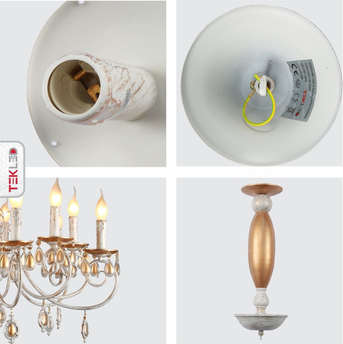Detailed shots of Amber Crystal Gold and White Metal 12 Arm Chandelier with E14 Fitting | TEKLED 158-19445