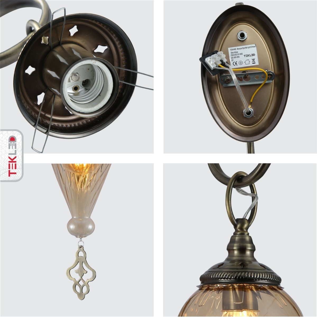 Detailed shots of Amber Glass Antique Bronze Metal Body Moroccan Style Wall Light with E27 Fitting | TEKLED 151-19452