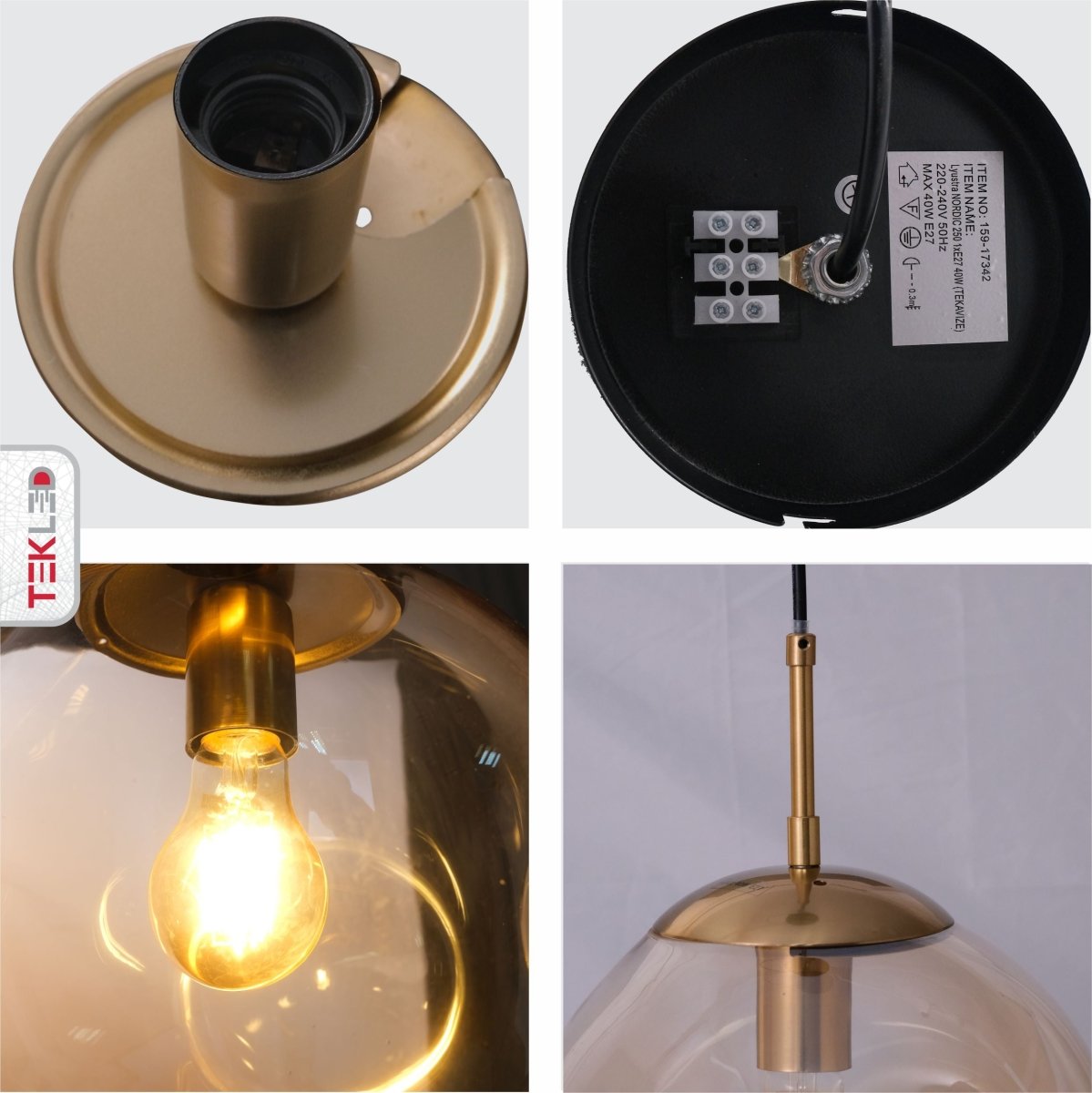 Detailed shots of Amber Glass Crater Pendant Light with E27 Fitting | TEKLED 159-17342