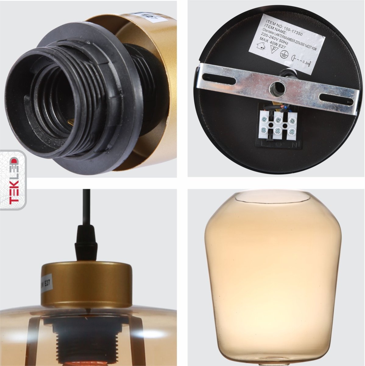 Detailed shots of Amber Glass Schoolhouse Pendant Light L with E27 Fitting | TEKLED 159-17350