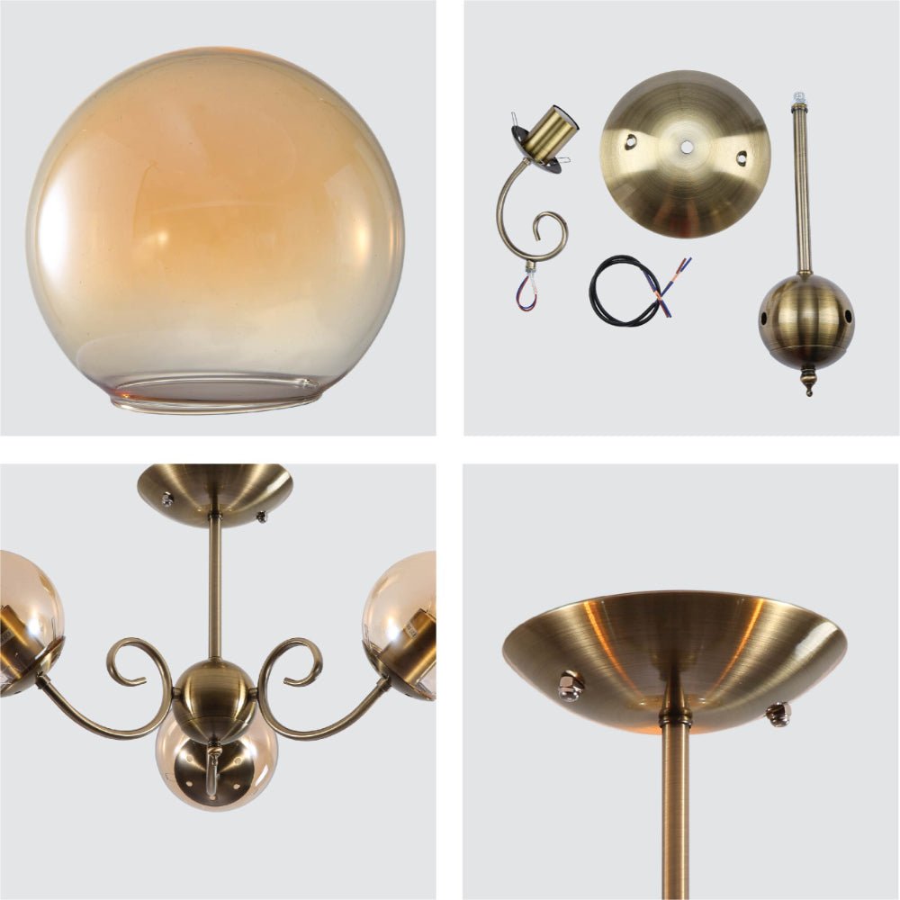 Detailed shots of Amber Globe Glass Antique Brass Metal Body Vintage Retro Crystal Ceiling Light with E27 Fittings | TEKLED 159-17772