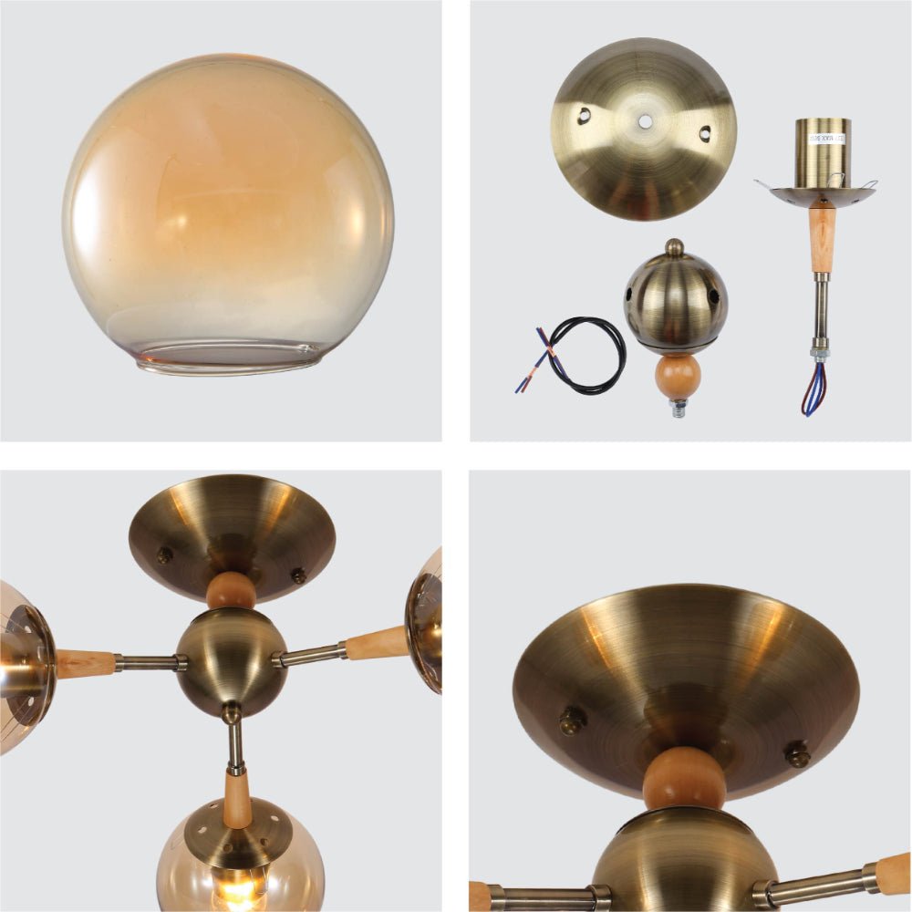 Detailed shots of Amber Globe Glass Antique Brass Metal Wood Body Vintage Retro Molecule Ceiling Light with E27 Fittings | TEKLED 159-17778
