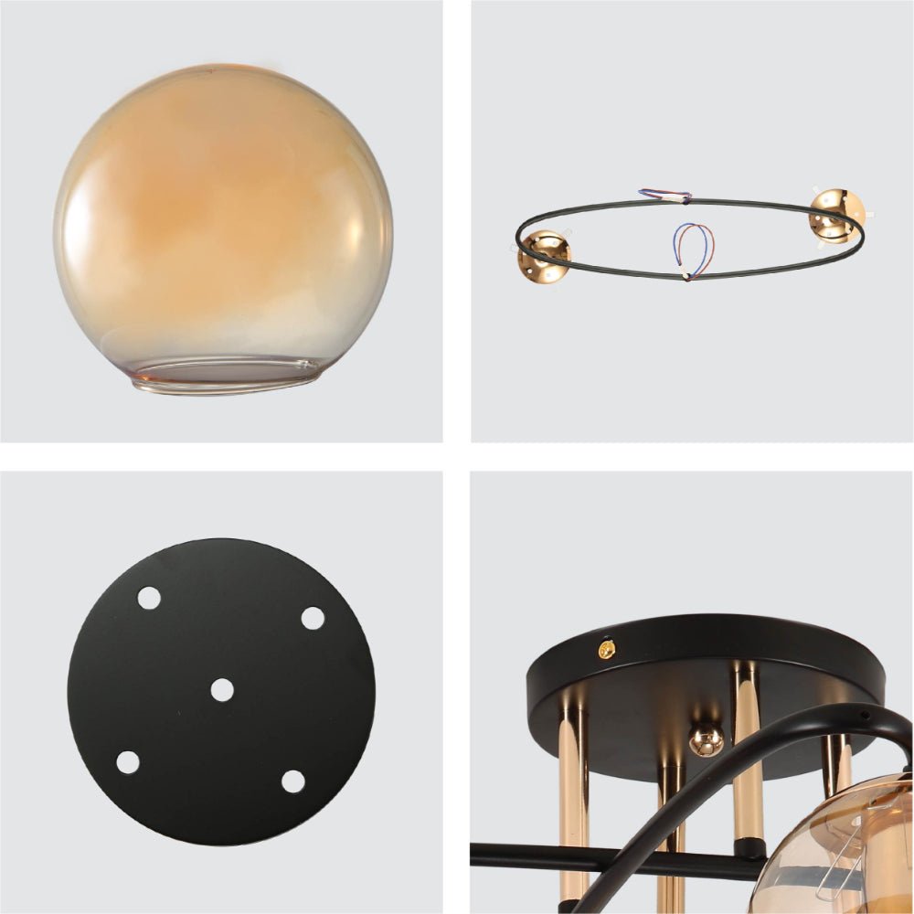 Detailed shots of Amber Globe Glass Black Ellipse Metal Modern Semi Flush Ceiling Light E27 | TEKLED 159-17736