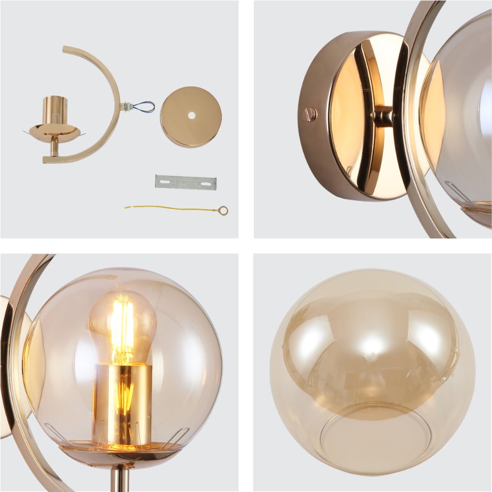 Detailed shots of Amber Globe Glass Crescent Gold Metal Modern Wall Light with E27 Fitting | TEKLED 151-19806