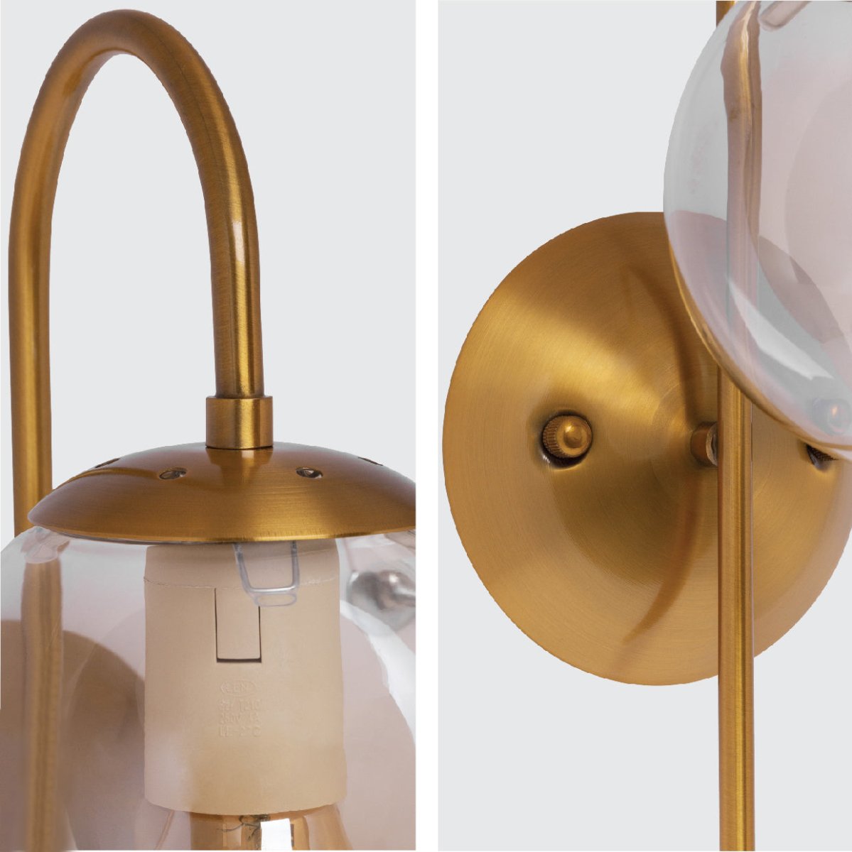Detailed shots of Amber Globe Glass Gold Aluminium Bronze Cane Metal Downward Wall Light with E27 Fitting | TEKLED 151-19488