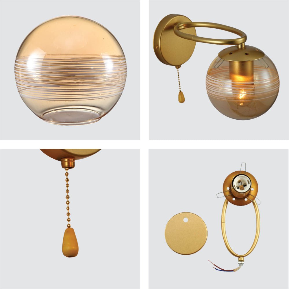 Detailed shots of Amber Globe Glass Gold Ellipse Metal Body Modern Wall Light with Pull Down Switch E27 Fitting | TEKLED 151-19784