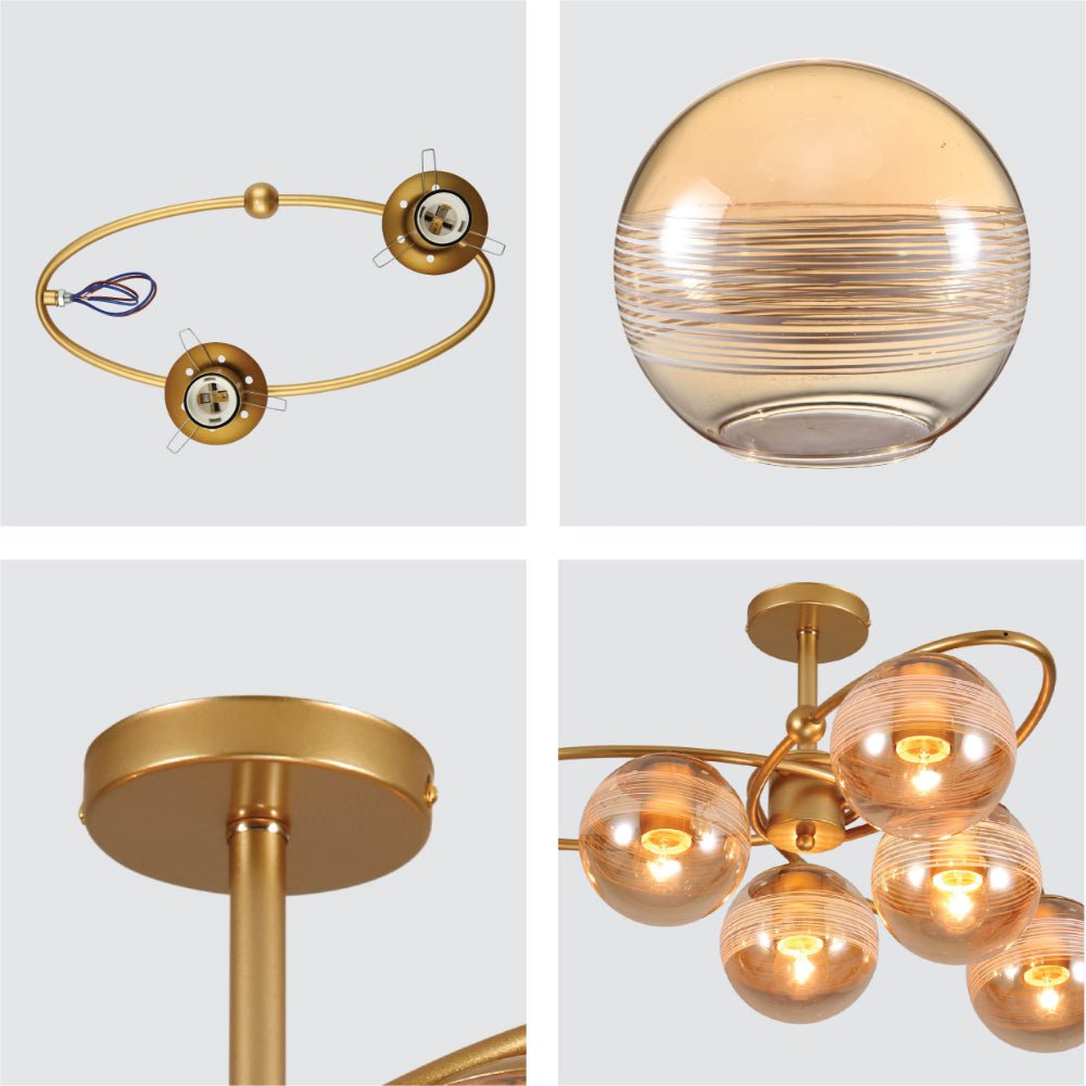 Detailed shots of Amber Globe Glass Gold Ellipse Metal Body Semi Flush Modern Ceiling Light with E27 Fittings | TEKLED 159-17666