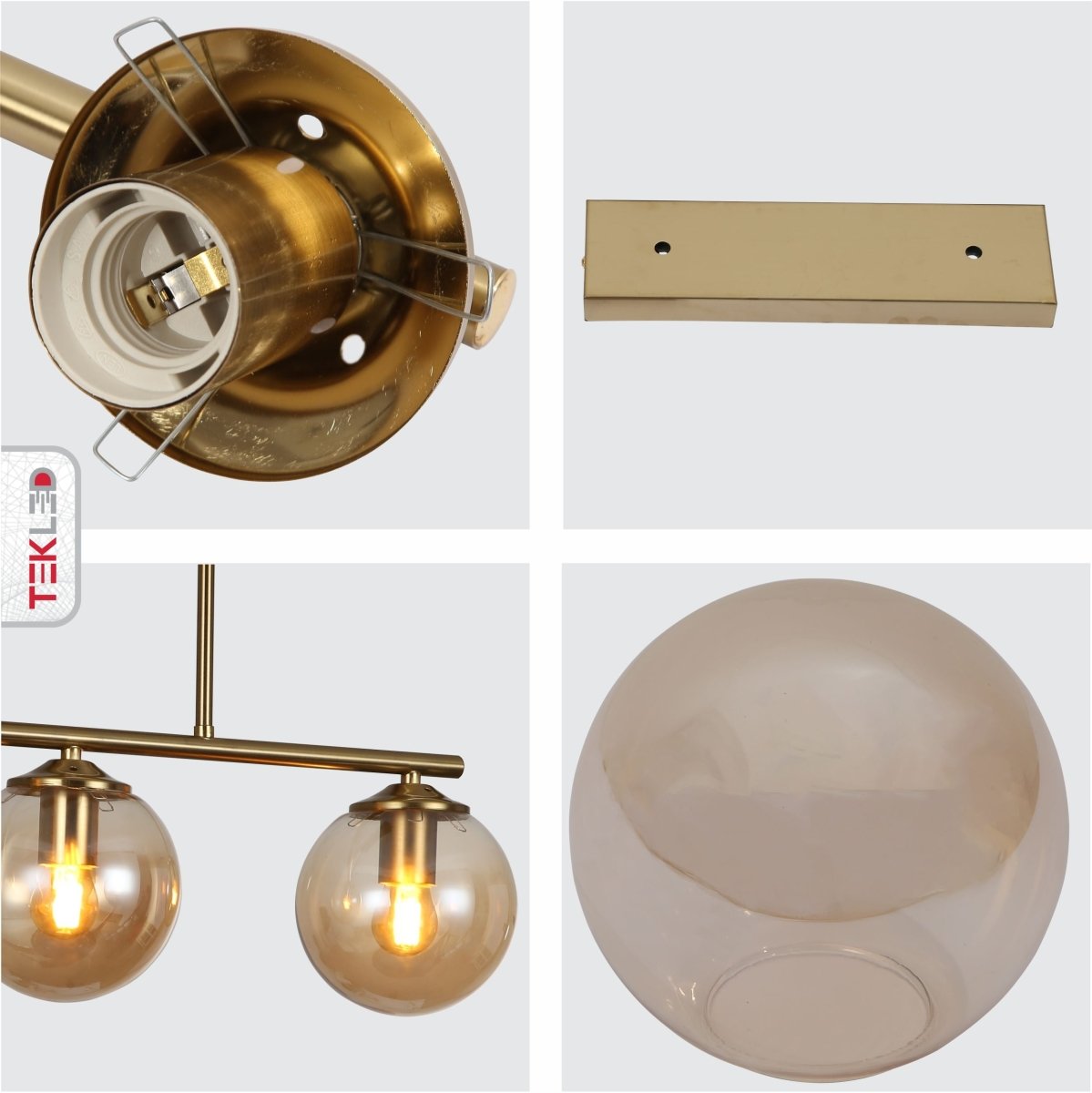 Detailed shots of Amber Globe Glass Gold Metal Body Ceiling Light with 3xE27 Fitting | TEKLED 159-17578