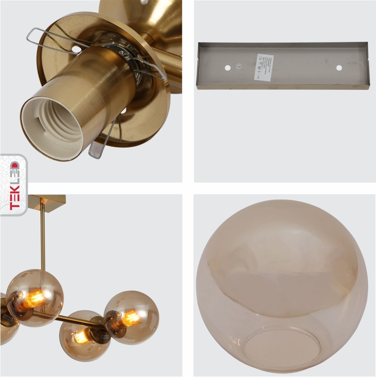 Detailed shots of Amber Globe Glass Gold Metal Body Ceiling Light with 6xE27 Fitting | TEKLED 159-17576