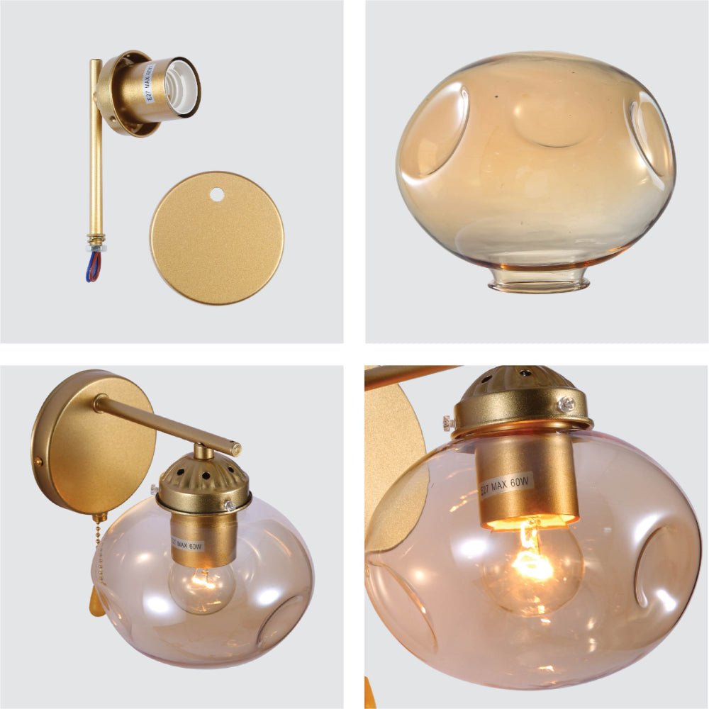 Detailed shots of Amber Globe Glass Gold Metal Vintage Retro Wall Light with Pull Down Switch E27 Fitting | TEKLED 151-19774