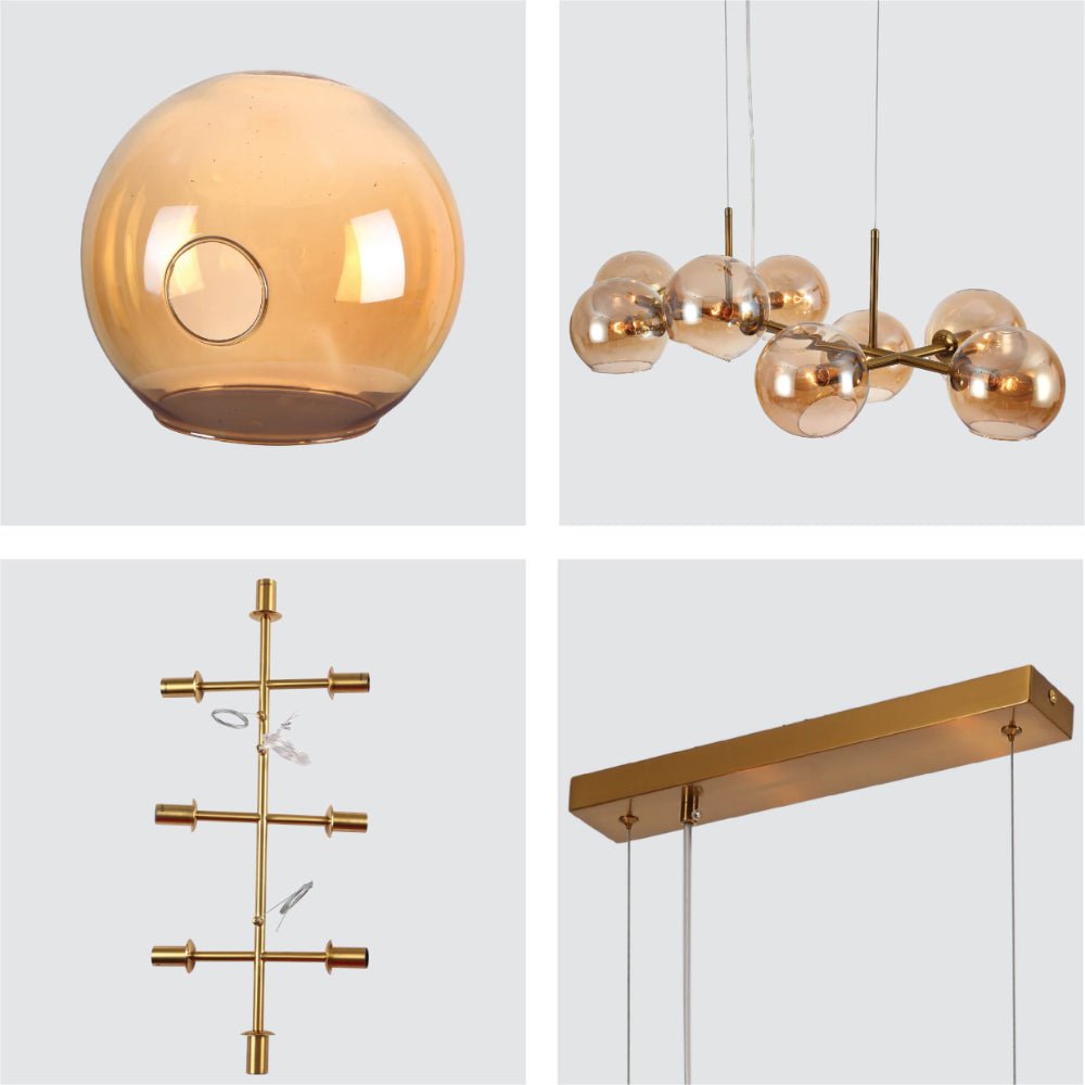 Detailed shots of Amber Globe Glasses Gold Metal Body Kitchen Island Chandelier Ceiling Light with 8xE14 Fittings | TEKLED 158-19806