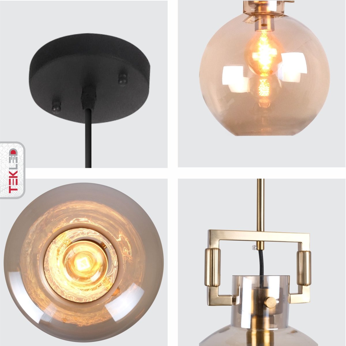 Detailed shots of Amber Globe Gold Metal Modern Glass Ceiling Pendant Light with E27 Fitting | TEKLED 156-19472