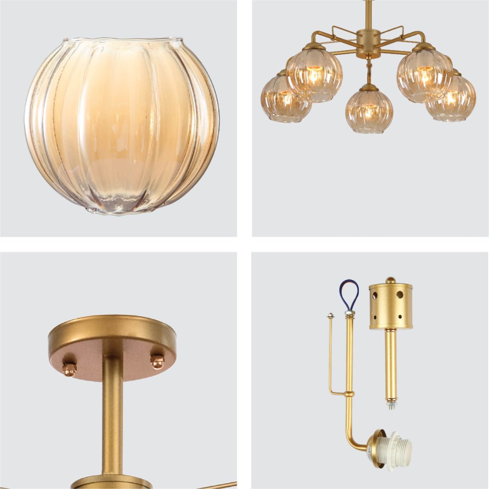Detailed shots of Amber Reeded Globe Glass Gold Metal Industrial Vintage Retro Semi Flush Ceiling Light with E27 Fittings | TEKLED 159-17654