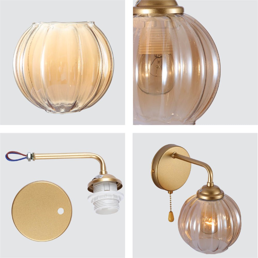 Detailed shots of Amber Reeded Globe Glass Gold Metal Industrial Vintage Retro Wall Light with Pull Down Switch E27 Fitting | TEKLED 151-19778
