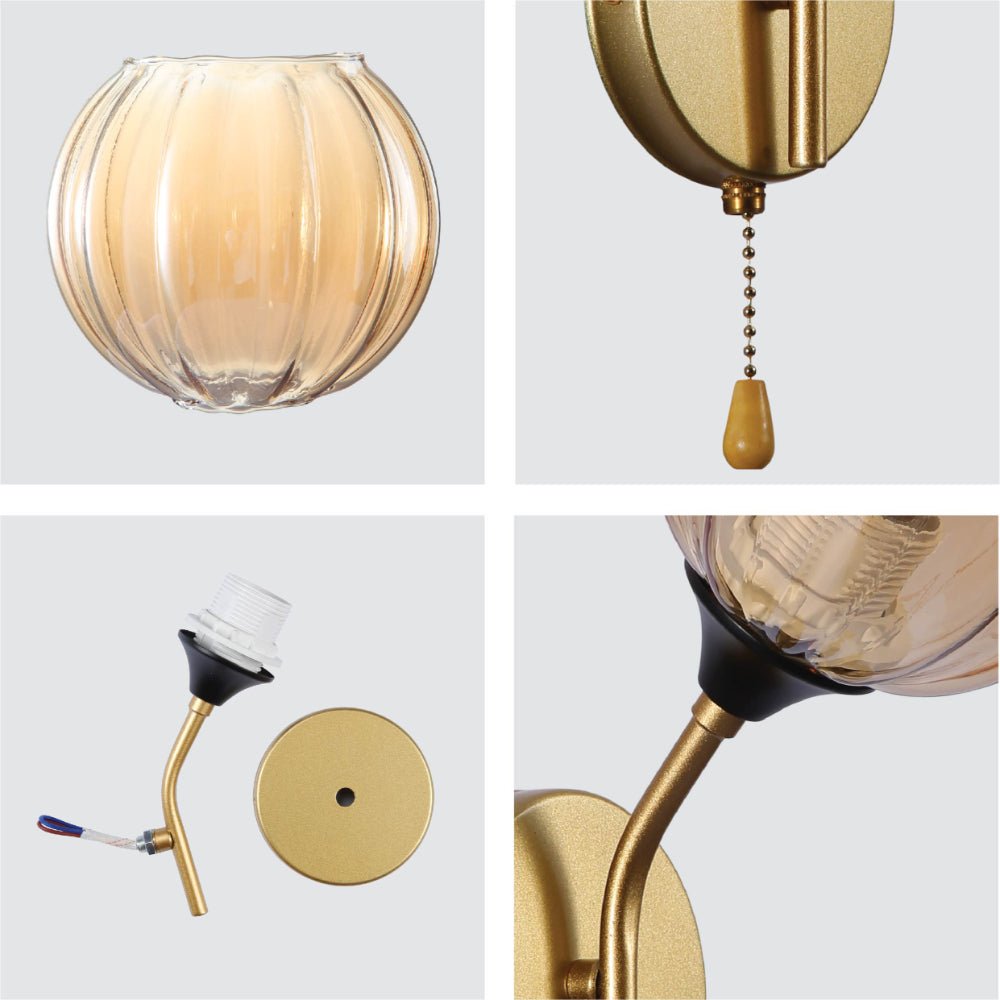 Detailed shots of Amber Reeded Globe Glass Gold Metal Vintage Retro Wall Light with Pull Down Switch E27 Fitting | TEKLED 151-19782