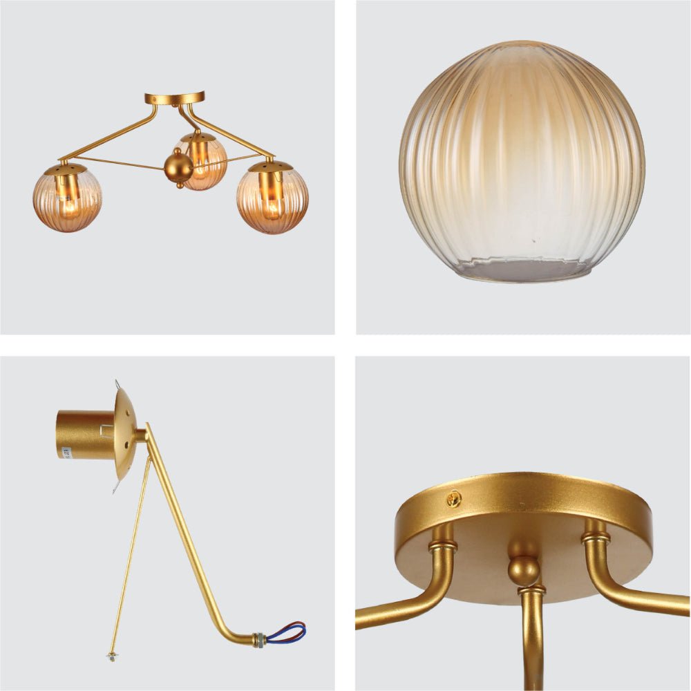 Detailed shots of Amber Reeded Globe Gold Semi Flush Ceiling Light E27 | TEKLED 159-17678