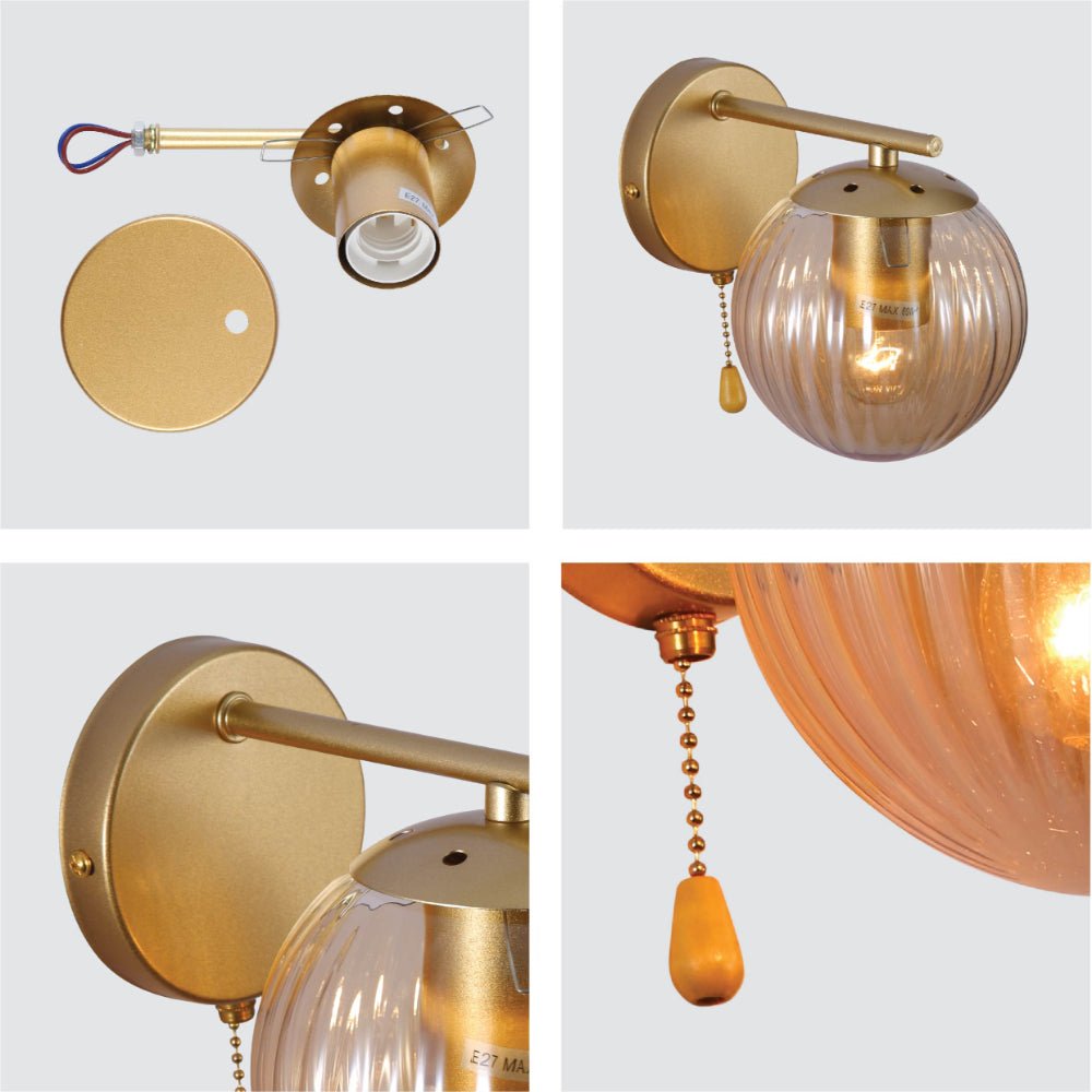 Detailed shots of Amber Reeded Globe Gold Wall Light E27 Pull Down Switch | TEKLED 151-19790