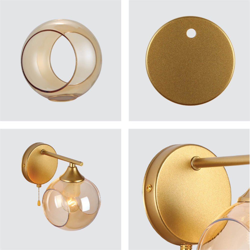 Detailed shots of Amber Sides Open Globe Glass Gold Wall Light E27 Pull Down Switch | TEKLED 151-19770