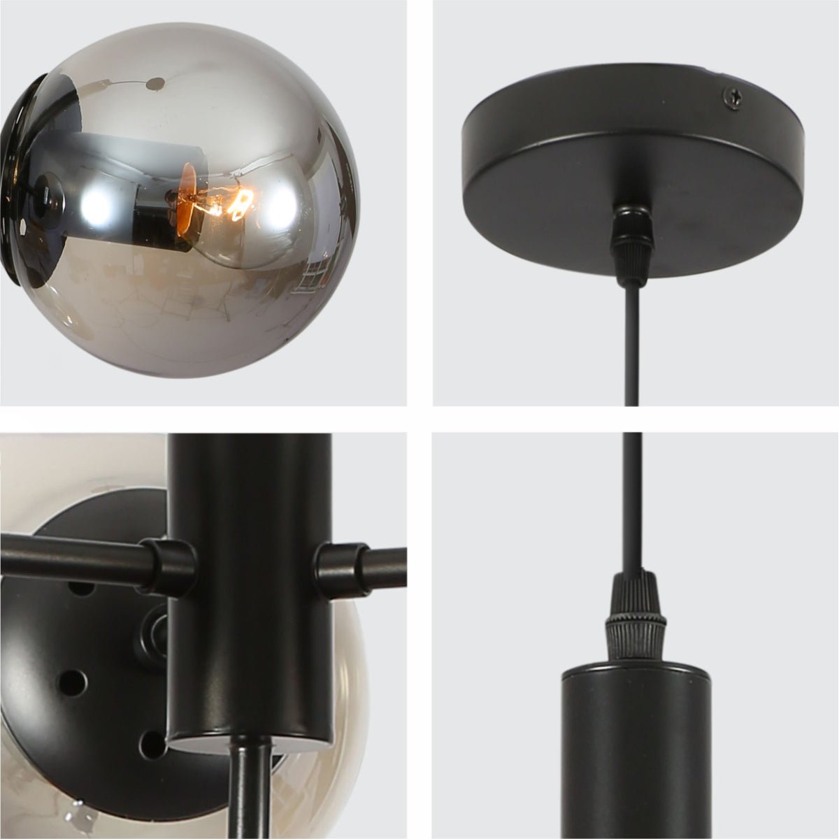 Detailed shots of Atom Model Smoky Globe Glass Black Metal Body Chandelier Ceiling Pendant Light with 4xE27 | TEKLED 159-17408